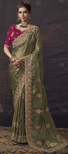 Green color Saree in Jacquard fabric with Embroidered, Sequence, Stone, Thread work