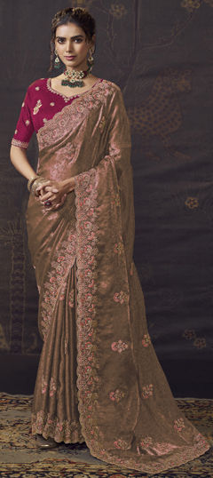 Pink and Majenta color Saree in Jacquard fabric with Embroidered, Sequence, Stone, Thread work