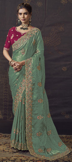 Green color Saree in Jacquard fabric with Embroidered, Sequence, Stone, Thread work