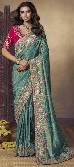 Green color Saree in Jacquard fabric with Embroidered, Sequence, Thread work