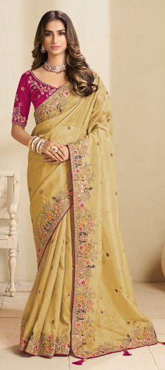 Gold color Saree in Tissue fabric with Embroidered, Sequence, Thread work