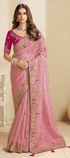Pink and Majenta color Saree in Tissue fabric with Embroidered, Sequence, Thread work