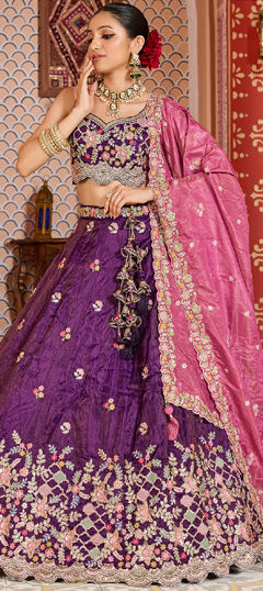 Purple and Violet color Lehenga in Tissue fabric with Embroidered, Sequence work