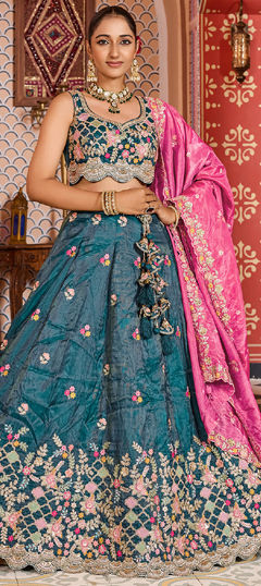 Blue color Lehenga in Tissue fabric with Embroidered, Sequence work
