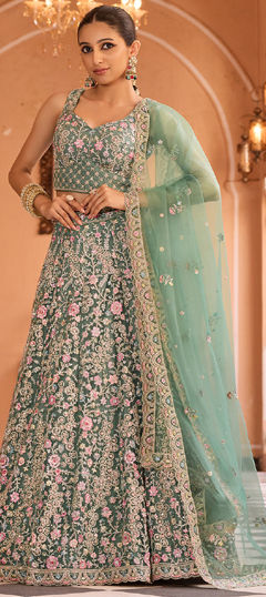 Green color Lehenga in Net fabric with Embroidered, Sequence work