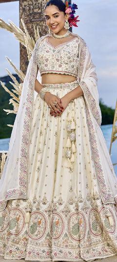 White and Off White color Lehenga in Silk fabric with Bugle Beads, Embroidered, Sequence work