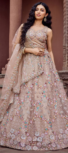 Beige and Brown color Lehenga in Net fabric with Embroidered, Sequence work