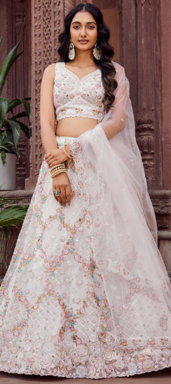 Beige and Brown color Lehenga in Net fabric with Embroidered, Sequence work