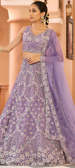 Purple and Violet color Lehenga in Net fabric with Embroidered, Sequence work