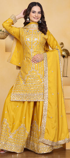 Yellow color Salwar Kameez in Crepe Silk fabric with Embroidered, Sequence work