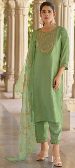 Green color Salwar Kameez in Blended, Silk fabric with Embroidered work