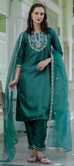 Green color Salwar Kameez in Blended, Silk fabric with Embroidered, Thread work