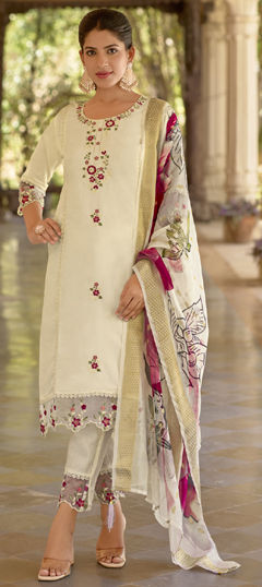 White and Off White color Salwar Kameez in Viscose fabric with Embroidered work