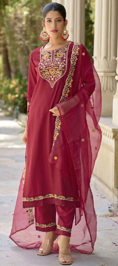 Red and Maroon color Salwar Kameez in Viscose fabric with Embroidered work