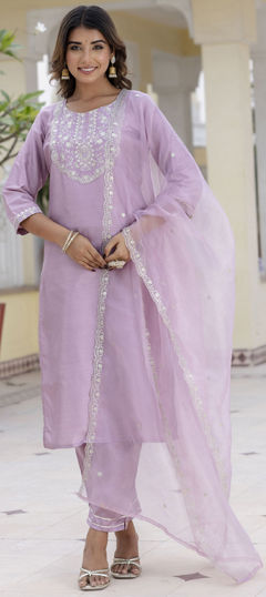 Purple and Violet color Salwar Kameez in Blended, Silk fabric with Embroidered, Thread work