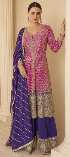 Pink and Majenta color Salwar Kameez in Georgette fabric with Embroidered, Zircon work