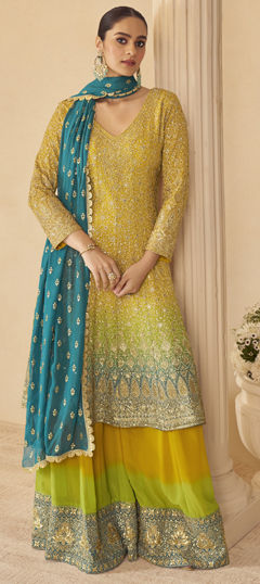 Yellow color Salwar Kameez in Georgette fabric with Embroidered, Zircon work