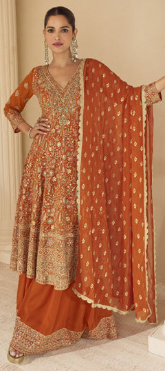 Orange color Salwar Kameez in Georgette fabric with Embroidered, Zircon work