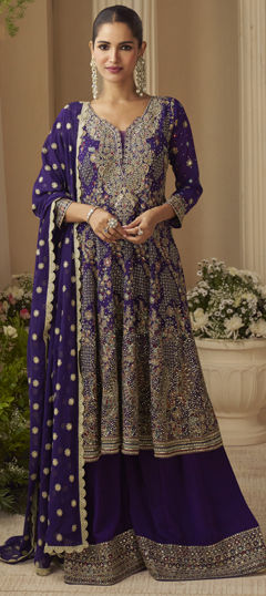 Purple and Violet color Salwar Kameez in Georgette fabric with Embroidered, Zircon work