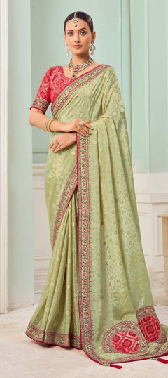 Green color Saree in Tissue, Viscose fabric with Embroidered, Sequence, Weaving, Zari work