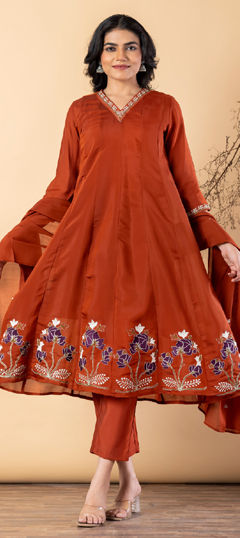 Beige and Brown color Salwar Kameez in Mul Chanderi fabric with Embroidered, Resham, Thread, Zari work