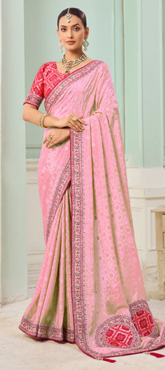 Pink and Majenta color Saree in Tissue, Viscose fabric with Embroidered, Resham, Sequence, Weaving, Zari work