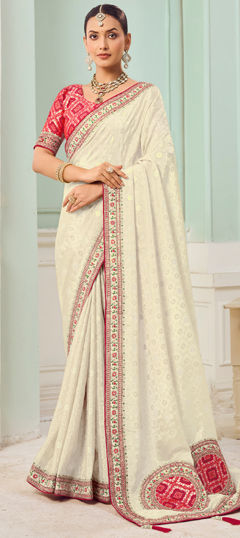 White and Off White color Saree in Tissue, Viscose fabric with Embroidered, Resham, Sequence, Weaving, Zari work