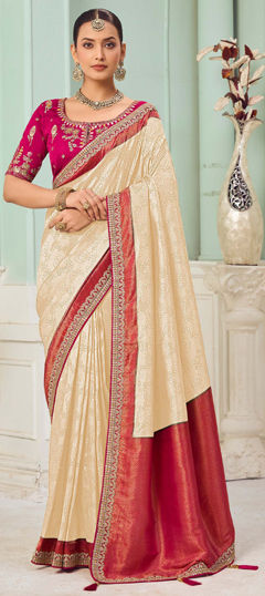 White and Off White color Saree in Jacquard fabric with Embroidered, Sequence, Thread, Weaving work