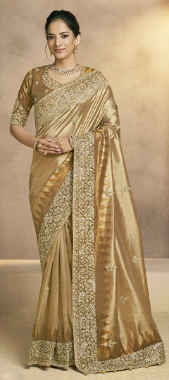 Gold color Saree in Kota Silk fabric with Embroidered, Sequence, Zardozi work
