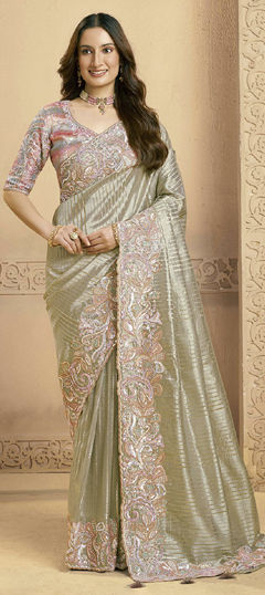 Green color Saree in Tissue fabric with Embroidered, Sequence, Swarovski work