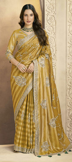 Yellow color Saree in Kanjeevaram Silk fabric with Aari, Sequence, Stone work