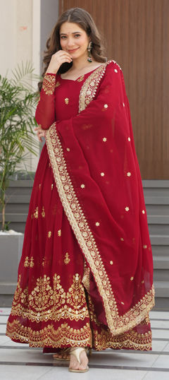 Red and Maroon color Gown in Georgette fabric with Embroidered, Sequence, Zari work