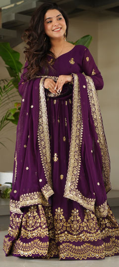 Purple and Violet color Gown in Georgette fabric with Embroidered, Sequence, Zari work