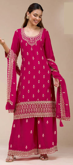 Pink and Majenta color Salwar Kameez in Georgette fabric with Embroidered, Sequence work