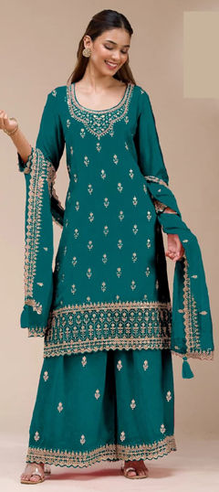 Blue color Salwar Kameez in Georgette fabric with Embroidered, Sequence work