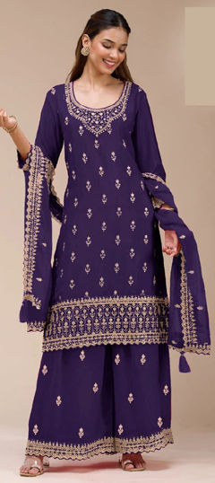 Purple and Violet color Salwar Kameez in Georgette fabric with Embroidered, Sequence work