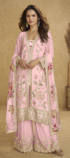Pink and Majenta color Salwar Kameez in Chinon Silk fabric with Embroidered, Sequence, Thread work