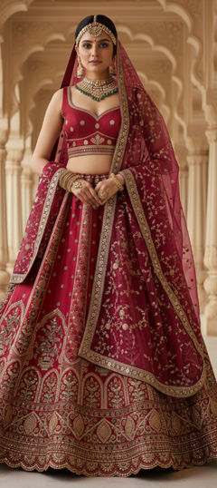 Red and Maroon color Lehenga in Silk fabric with Embroidered, Lace, Sequence, Thread, Zari work