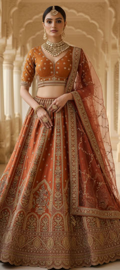 Orange color Lehenga in Silk fabric with Embroidered, Lace, Sequence, Thread, Zari work