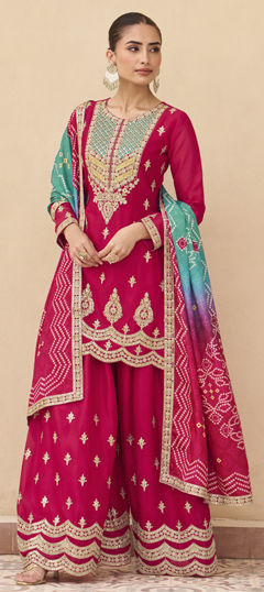 Pink and Majenta color Salwar Kameez in Chinon Silk fabric with Embroidered, Thread, Zari work