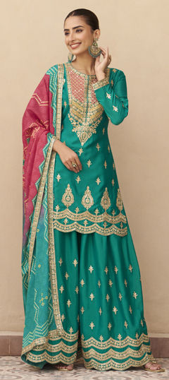 Green color Salwar Kameez in Chinon Silk fabric with Embroidered, Thread, Zari work