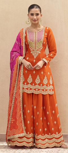 Orange color Salwar Kameez in Chinon Silk fabric with Embroidered, Thread, Zari work