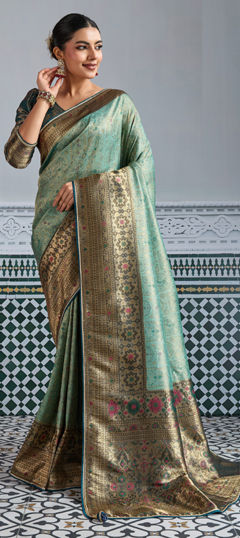 Green color Saree in Kanjeevaram Silk fabric with Weaving, Zari work