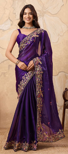 Purple and Violet color Saree in Chinon Silk fabric with Embroidered, Sequence work