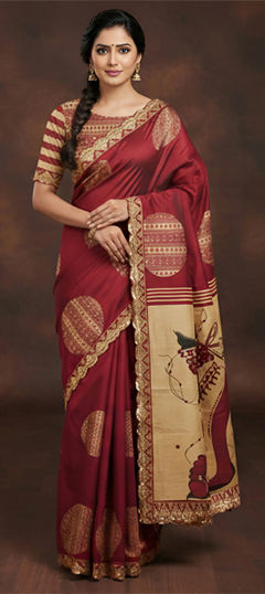 Red and Maroon color Saree in Cotton, Malmal fabric with Block Print, Embroidered work
