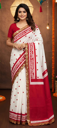 White and Off White color Saree in Cotton, Malmal fabric with Block Print, Embroidered work