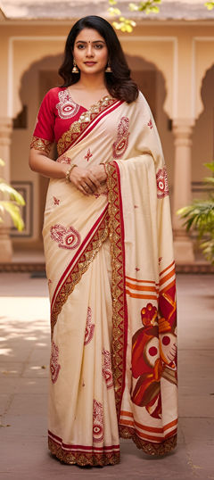 White and Off White color Saree in Cotton, Malmal fabric with Block Print, Embroidered work