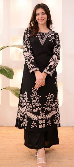 Black and Grey color Salwar Kameez in Rayon fabric with Embroidered, Printed work