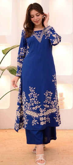 Blue color Salwar Kameez in Rayon fabric with Embroidered, Printed work