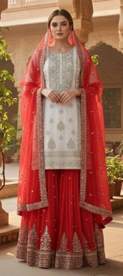 White and Off White color Salwar Kameez in Georgette fabric with Embroidered, Sequence work